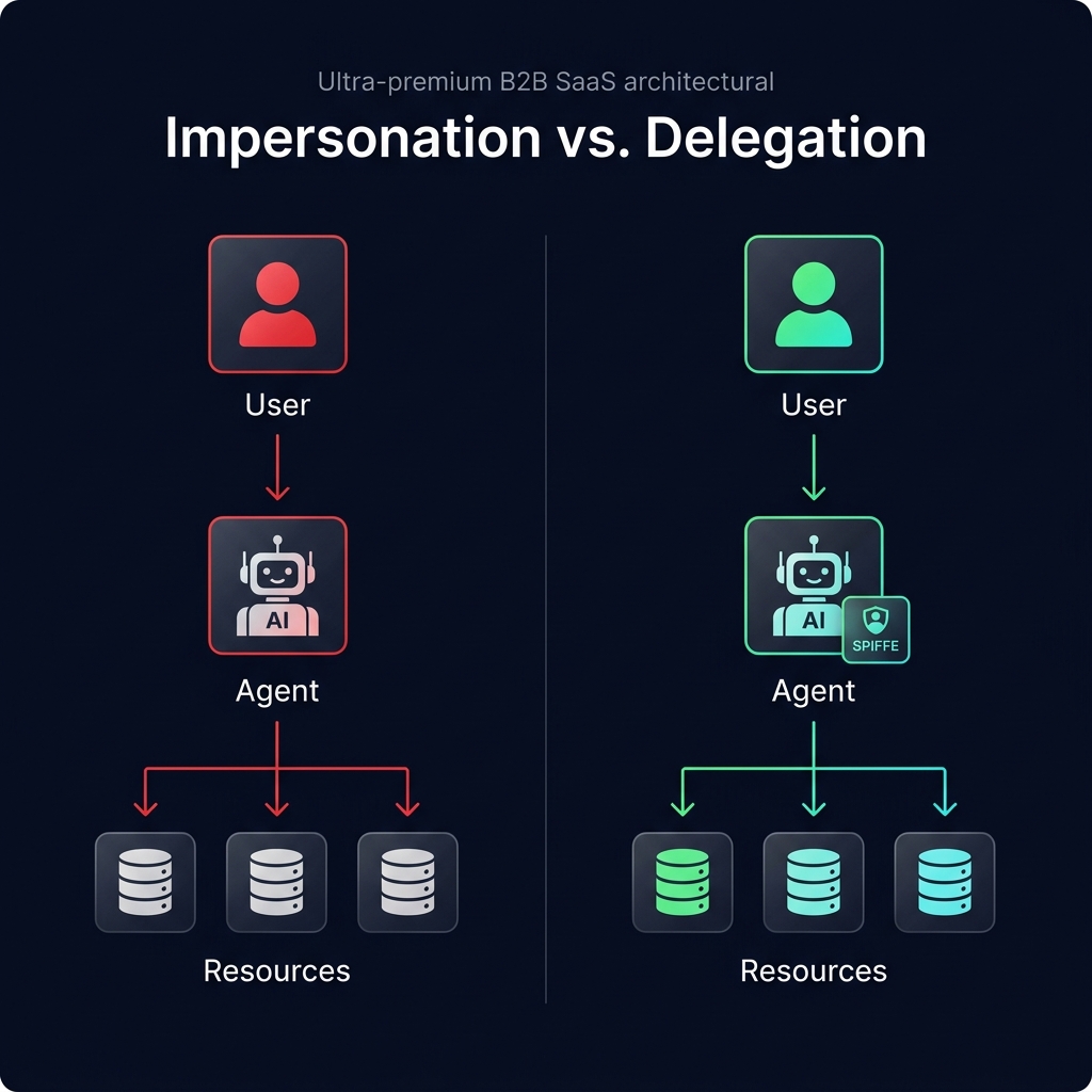 Impersonation vs. Delegation Architecture Framework — Identity Flow Comparison